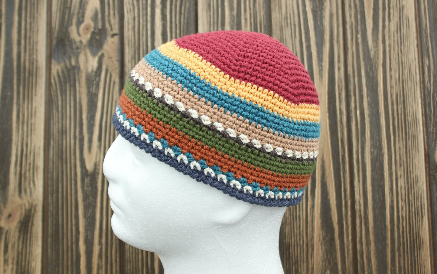 Men’s Cotton Summer Hat, Crochet Skull Cap, Multicolored 100% Cotton Beanie