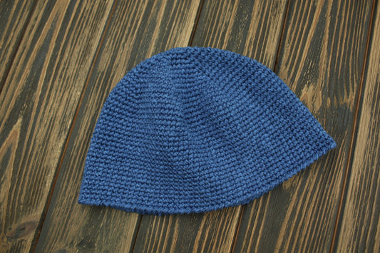 Silk Cotton Linen Summer Hat, Crochet Beanie for Men, Lightweight Kufi Skull Cap, Blue Denim Hat