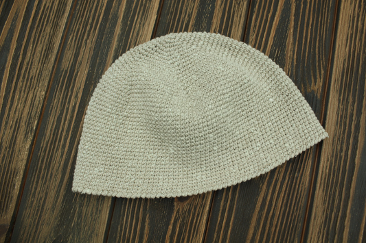 Men’s Kufi Skull Cap – Handmade Crochet Hat, Cotton/Viscose/Silk Blend, Light Beige